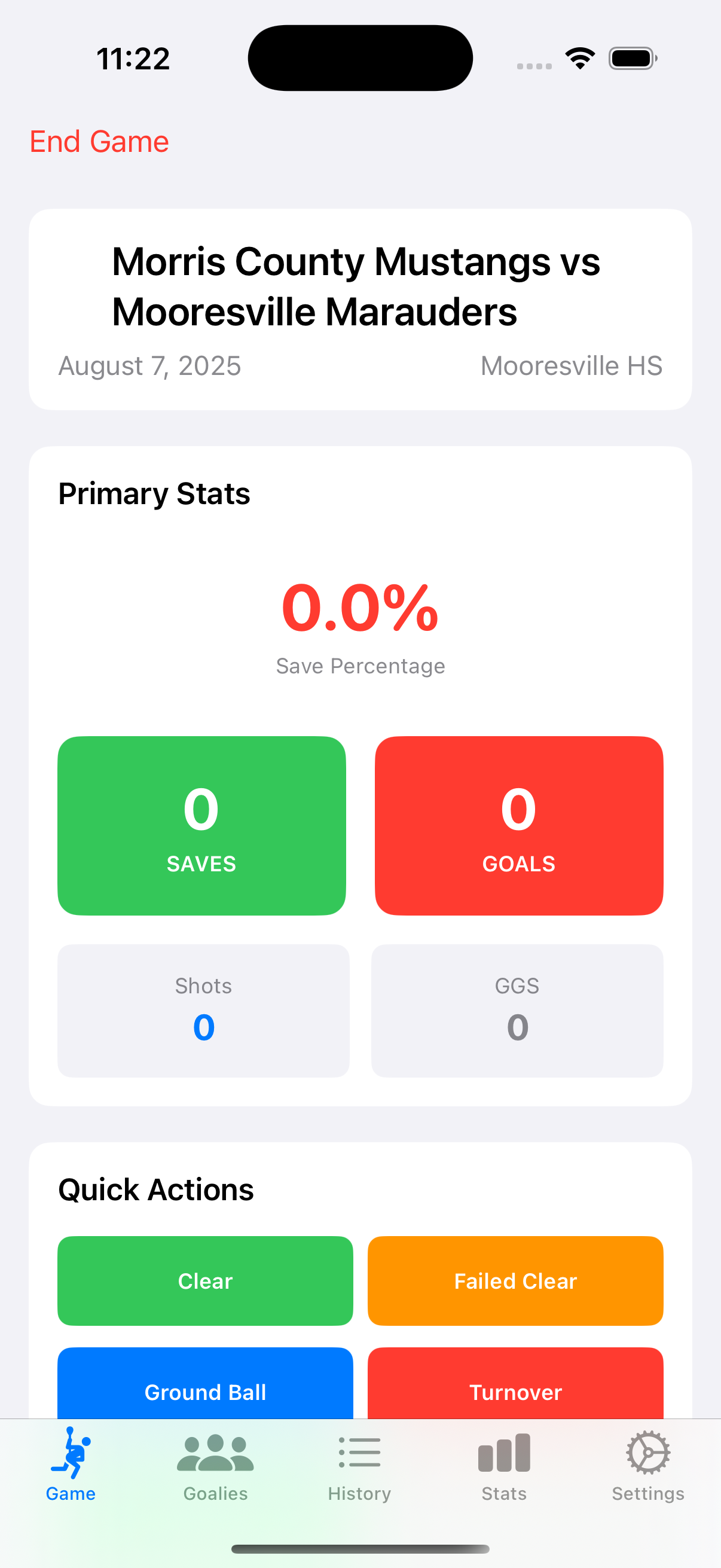 Live game tracking screen